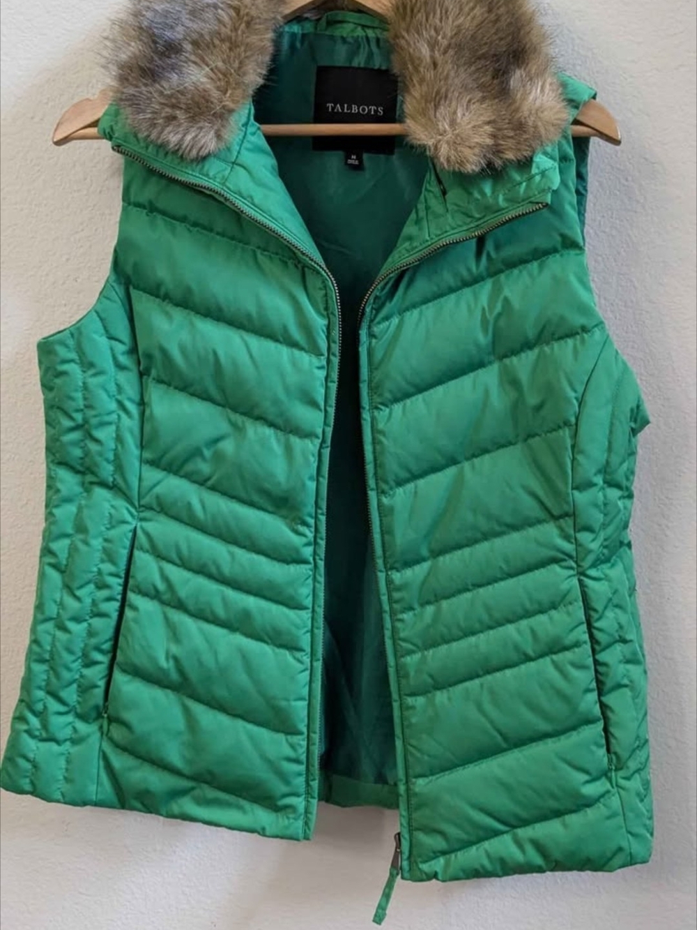 Talbots Emerald Green Quilted Puffer Vest with Faux Fur Hood Trim
